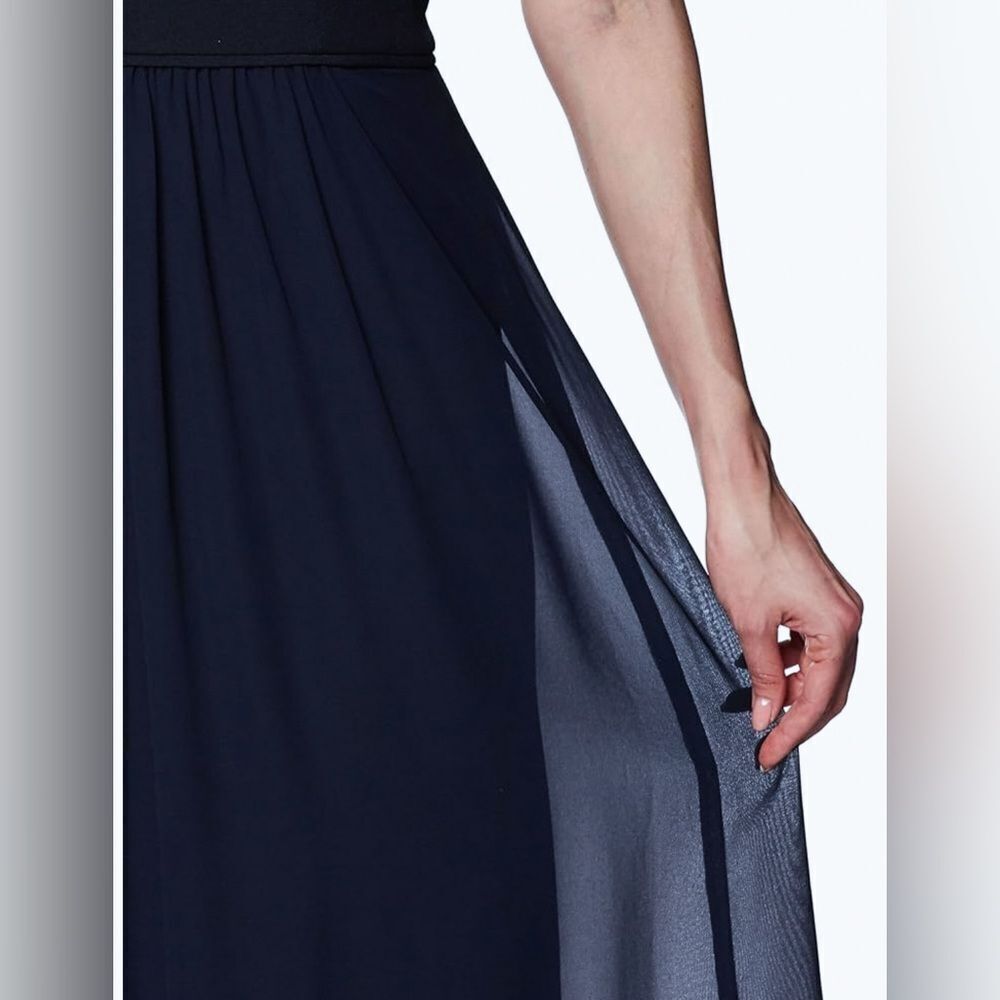 Adrianna Papell Off Shoulder Crepe Chiffon Long Formal Evening Gown Navy 2 NEW - Picture 12 of 15